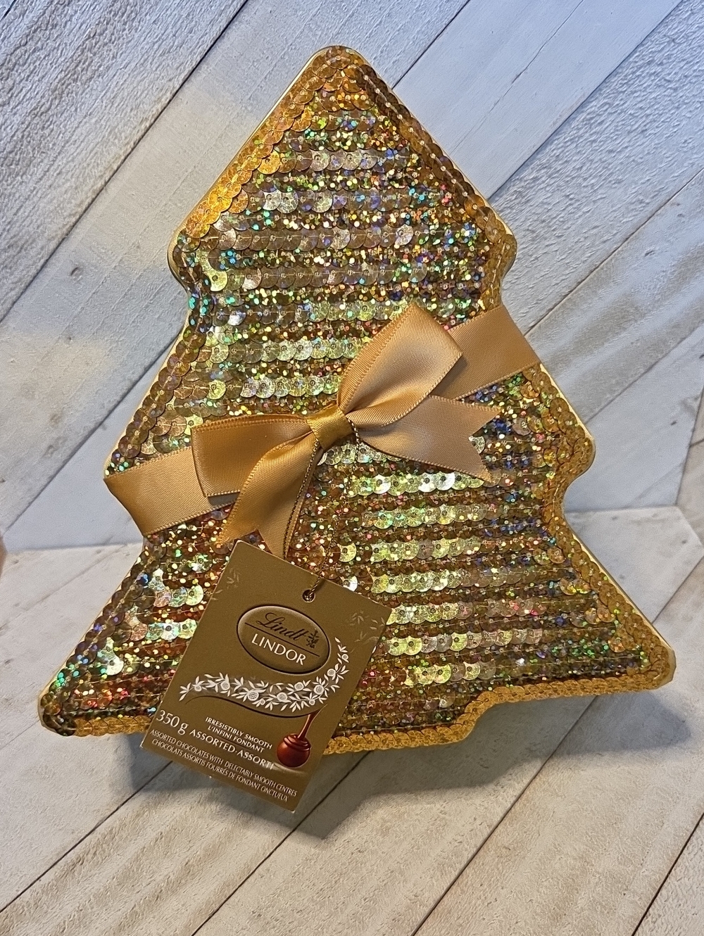 Lindt Gold Sequin Christmas Tree Tin - Empty/ Collectable